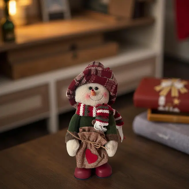 Figura decorativa navideña de muñeco de nieve con gorro y bufanda